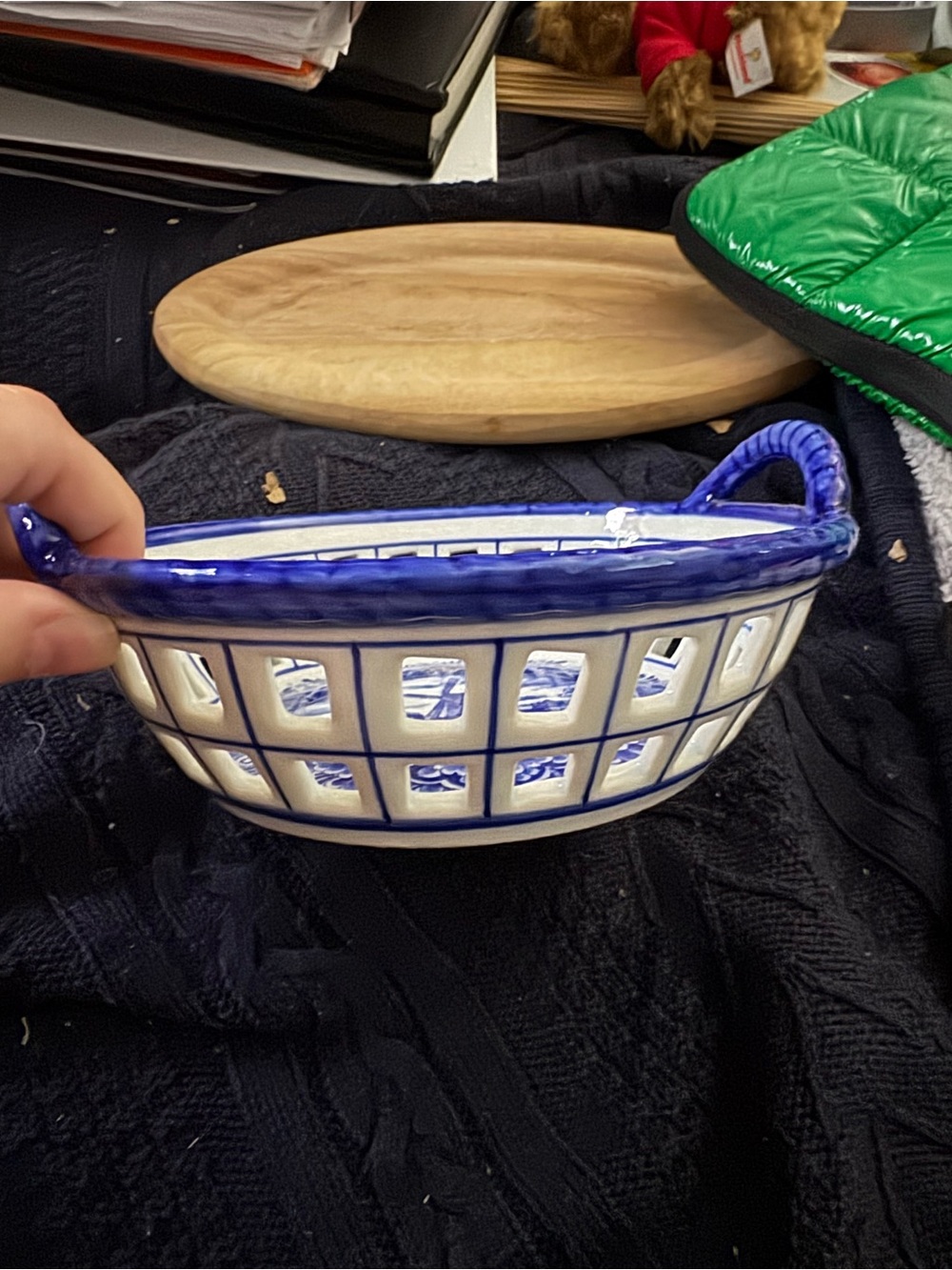 Hand-Painted Blue and Cream Ceramic Basket with Loop Handles